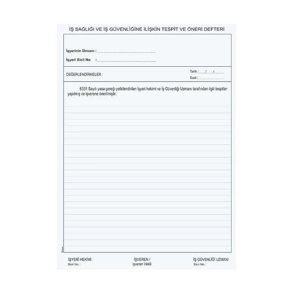 DİLMAN İŞ SAĞLIĞI VE GÜVENLİK TESPİT ÖNERİ DEFTERİ KARTON KAPAK - 2