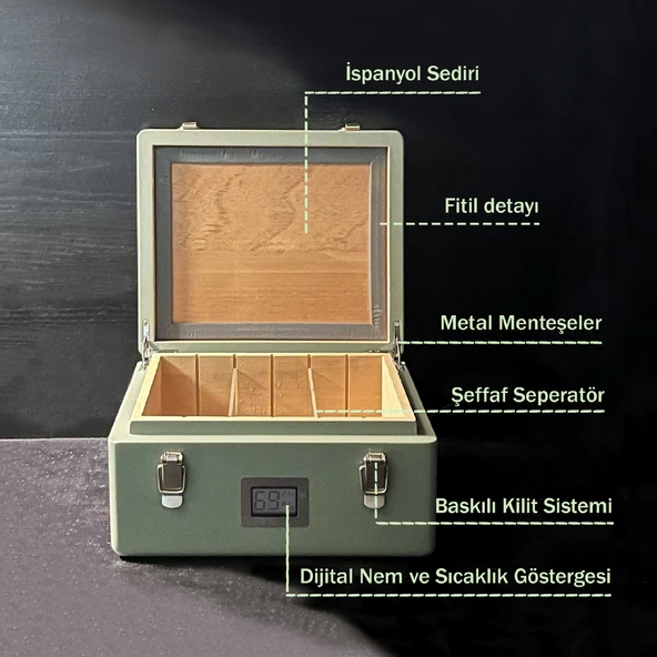 Mezmob İspanyol Sedir Humidor Puro Kutusu Baskı Kilitli Fitilli Haki Yeşil Lake Boya Dijital - 9