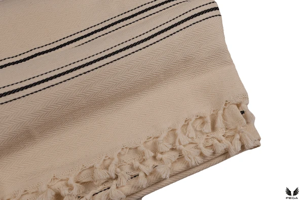 Pega 200x240 cm %100 Koton Siyah Çizgili Bej Koltuk Örtüsü Şalı Çift Kişilik Pike - 2