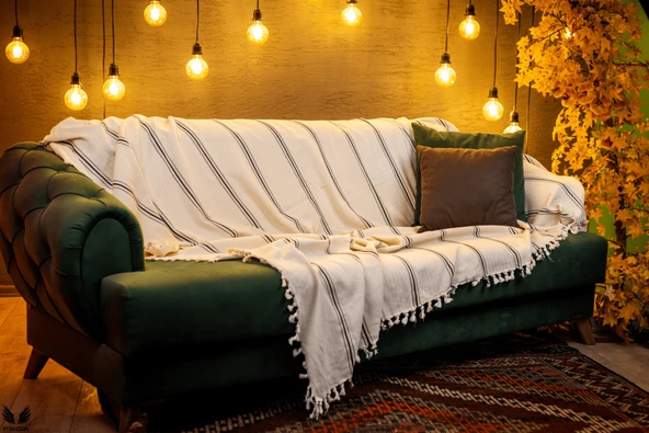 Pega 200x240 cm %100 Koton Siyah Çizgili Bej Koltuk Örtüsü Şalı Çift Kişilik Pike