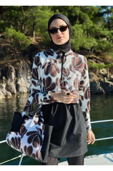 Mayovera Dinamik Kahve Paraşüt Kumaş Tasarım Tesettür Mayo - Resim 6