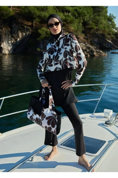 Mayovera Dinamik Kahve Paraşüt Kumaş Tasarım Tesettür Mayo - Resim 9