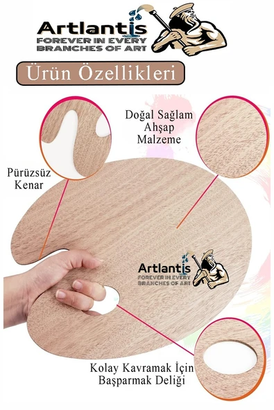 Ahşap Oval Palet Naturel 30x40 cm 1 Adet Büyük Boy Ahşap Boya Paleti Resim Boyama Tepsisi Akrilik Guaj Karıştırıcı - 3