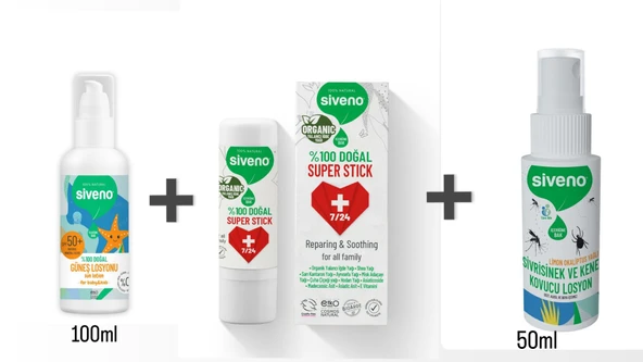 Siveno %100 Doğal Yaz Seti Sinek Kovucu+Yatıştırıcı Stick+Leke Karşıtı Güneş Losyonu
