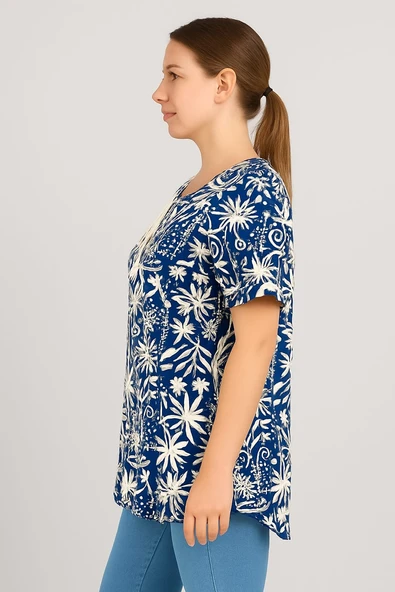 KADIN BÜYÜK BEDEN Bebe Yaka Bağcık Detaylı Batik desen Bluz - 5