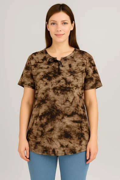 KADIN BÜYÜK BEDEN Bebe Yaka Bağcık Detaylı Batik desen Bluz - 2