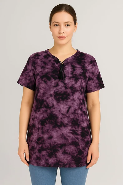 KADIN BÜYÜK BEDEN Bebe Yaka Bağcık Detaylı Batik desen Bluz - 3