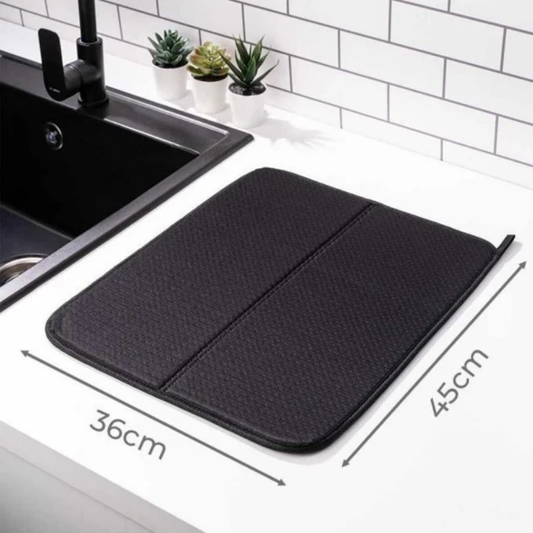 Mikrotex Bulaşık Matı Süper Emici Bulaşık Kurutma Matı 45x36cm Tezgah Üstü Bulaşık Matı Siyah - 3