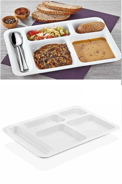 1 Adet  5 Bölmeli Kırılmaz Tabldot Tabak Self Servis Yemekhane Okul Lokanta Tabildot (40 cm x28 cm) (483483) - 3