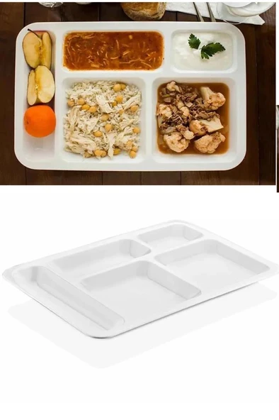 10 Adet  5 Bölmeli Kırılmaz Tabldot Tabak Self Servis Yemekhane Okul Lokanta Tabildot (40 cm x28 cm) (483483) - 2