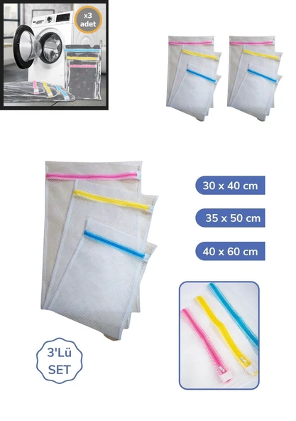 3'lü Çamaşır Yıkama Filesi Set Renkli Fermuarlı Pratik Çamaşır Yıkama Filesi Seti 3 Boy (483483) - 2
