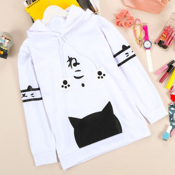 Kore Tarzı Beyaz Pati Sweatshirt