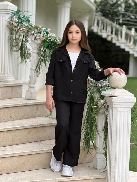 MODAVALS KOL KATLAMALI KETEN GÖMLEK CEPLİ KETEN ALT & SUPREM ASKILI BADİ 3LÜ KIZ ÇOCUK TAKIM - 12