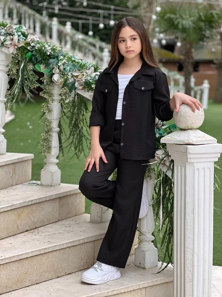 MODAVALS KOL KATLAMALI KETEN GÖMLEK CEPLİ KETEN ALT & SUPREM ASKILI BADİ 3LÜ KIZ ÇOCUK TAKIM - 10