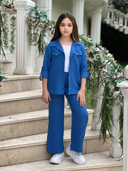 MODAVALS KOL KATLAMALI KETEN GÖMLEK CEPLİ KETEN ALT & SUPREM ASKILI BADİ 3LÜ KIZ ÇOCUK TAKIM - 7