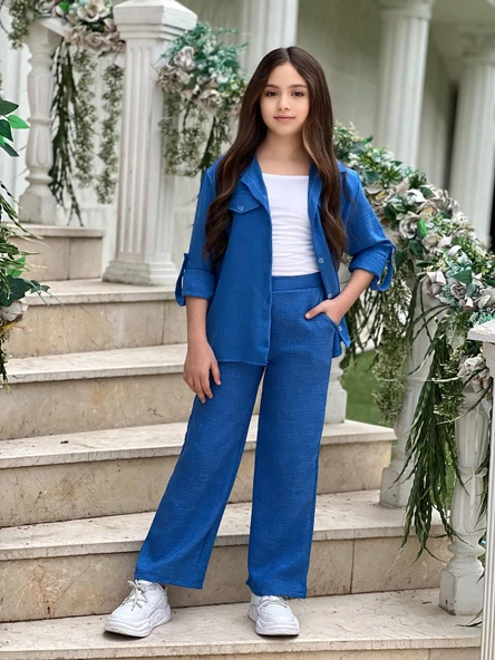 MODAVALS KOL KATLAMALI KETEN GÖMLEK CEPLİ KETEN ALT & SUPREM ASKILI BADİ 3LÜ KIZ ÇOCUK TAKIM - 2