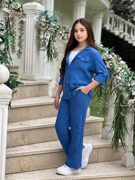 MODAVALS KOL KATLAMALI KETEN GÖMLEK CEPLİ KETEN ALT & SUPREM ASKILI BADİ 3LÜ KIZ ÇOCUK TAKIM - 4