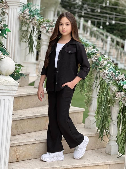 MODAVALS KOL KATLAMALI KETEN GÖMLEK CEPLİ KETEN ALT & SUPREM ASKILI BADİ 3LÜ KIZ ÇOCUK TAKIM - 11