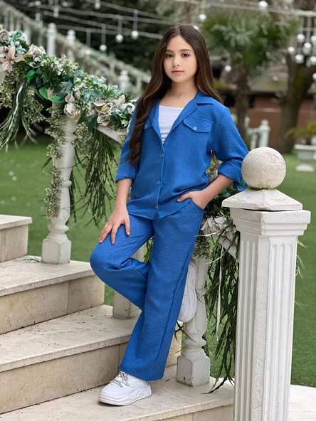 MODAVALS KOL KATLAMALI KETEN GÖMLEK CEPLİ KETEN ALT & SUPREM ASKILI BADİ 3LÜ KIZ ÇOCUK TAKIM