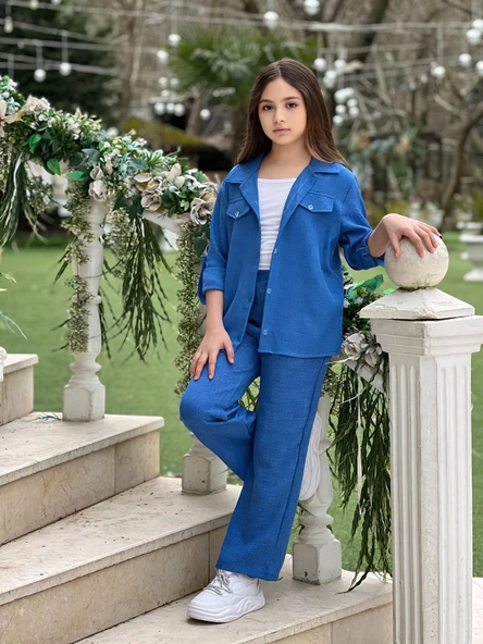 MODAVALS KOL KATLAMALI KETEN GÖMLEK CEPLİ KETEN ALT & SUPREM ASKILI BADİ 3LÜ KIZ ÇOCUK TAKIM - 6