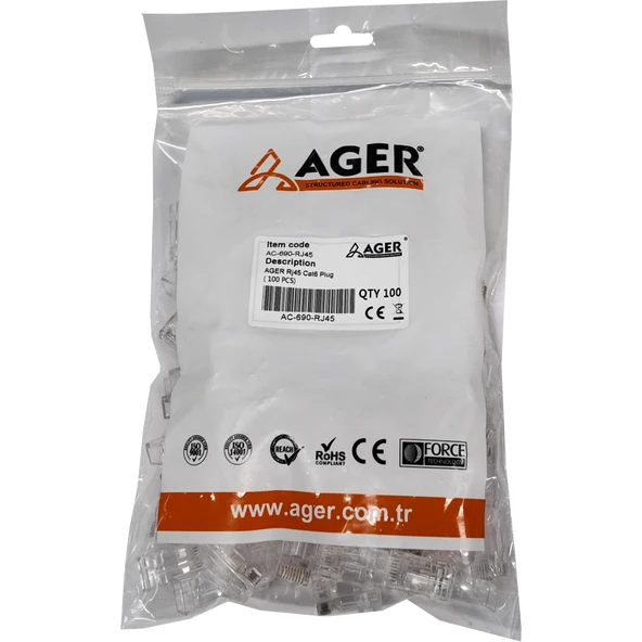AGER  AC-690-RJ45 EZ-PLUG YENI NESIL CAT6 RJ45 KONNEKTÖR 100'LÜ