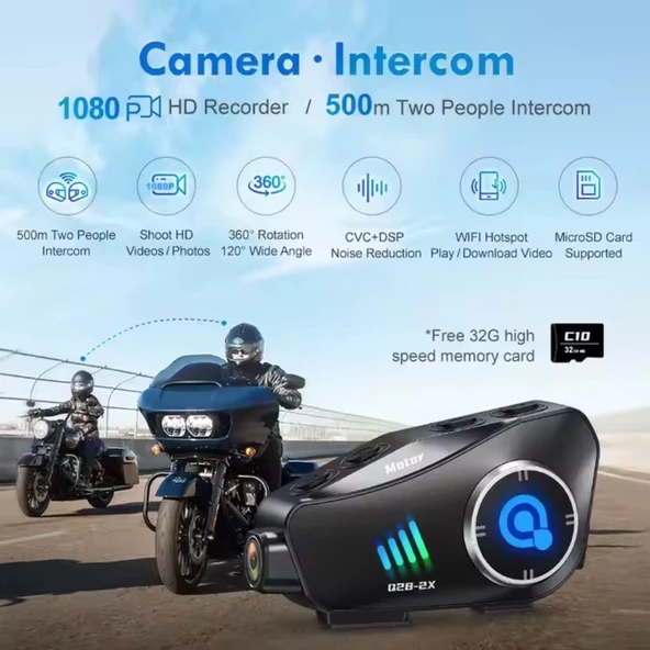 Q28-2X Kameralı 2 Li Eşleşme Motosiklet Kask Bluetooth Interkom Su Geçirmez 1080P Hd - 4
