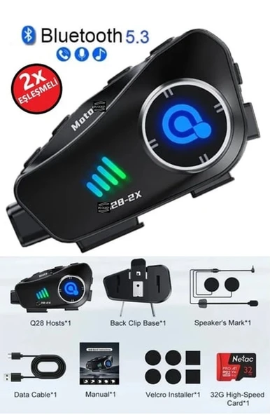 Q28-2X Kameralı 2 Li Eşleşme Motosiklet Kask Bluetooth Interkom Su Geçirmez 1080P Hd