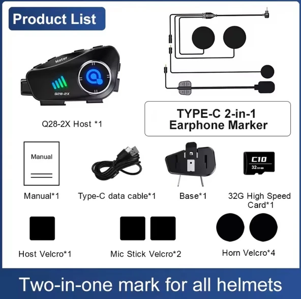 Q28-2X Kameralı 2 Li Eşleşme Motosiklet Kask Bluetooth Interkom Su Geçirmez 1080P Hd - 3