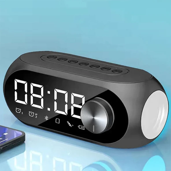 RGB LED Işıklı Bluetooth Hoparlör Dijital Alarm Saat FM Radyo MP3 Destekli Şarjlı - 2