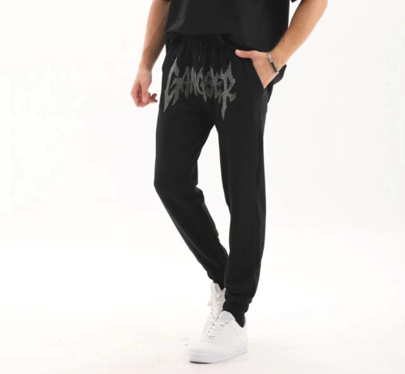 Unisex Taş Detaylı Eşofman Altı - Siyah - 3