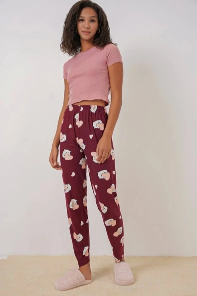 4323 Desenli Pijama Altı - Bordo - 4