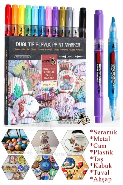 Çift Taraflı 12 Renk Akrilik Markör Keçeli Kalem 1 Adet Dual Tip Acrylic Marker Taş Cam Metal Seramik Plastik Tuval