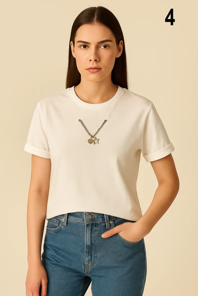 KADIN Zincir Aksesuar Detaylı 1. Kalite Tişört. - 8