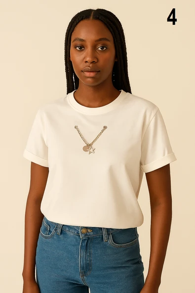 KADIN Zincir Aksesuar Detaylı 1. Kalite Tişört. - 4