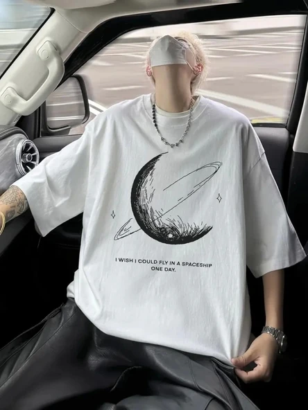 Baskılı Oversize Bisiklet Yaka T-shirt - Beyaz ürün görseli
