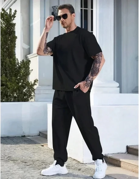Unisex Düz T-Shirt Ve Eşofman Takımı - Siyah - 3