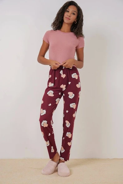 4323 Desenli Pijama Altı - Bordo - 2