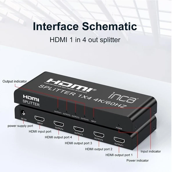 INCA 1port IHSK-460 1port HDMI (giriş) 4port HDMI (çıkış) 4K-60Hz HDMI Splitter - Resim 6