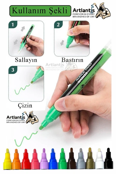 12 Renk Akrilik Markör Keçeli Kalem 1 Adet 12 li Acrylic Marker Taş Cam Metal Seramik Plastik Tuval Ahşap 0.7-1 cm - 3