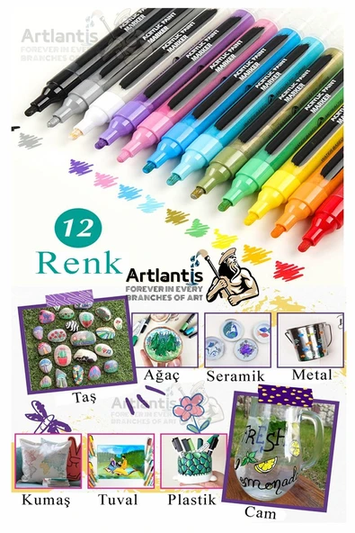 12 Renk Akrilik Markör Keçeli Kalem 1 Adet 12 li Acrylic Marker Taş Cam Metal Seramik Plastik Tuval Ahşap 0.7-1 cm - 2