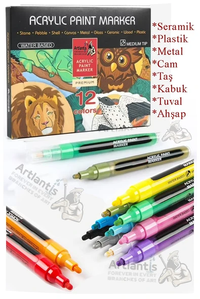 12 Renk Akrilik Markör Keçeli Kalem 1 Adet 12 li Acrylic Marker Taş Cam Metal Seramik Plastik Tuval Ahşap 0.7-1 cm