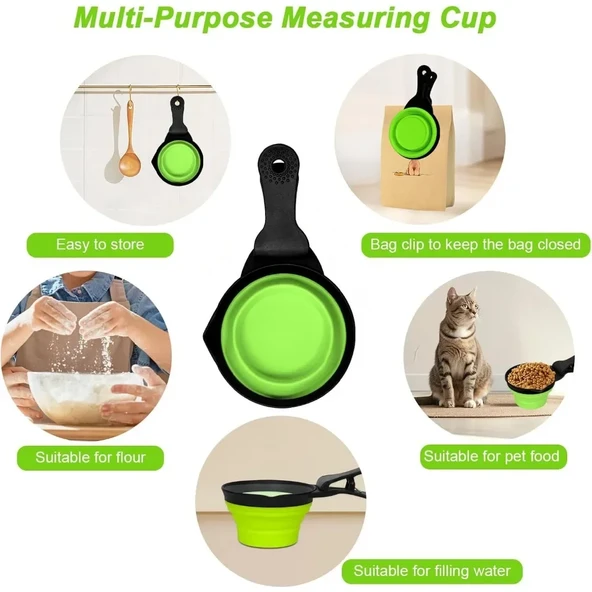 Katlanabilir Evcil Hayvan Mama Kaşığı Torba Klipsi Ölçü Kabı - Yeşil - 0.5 Cup (118ml) - 10