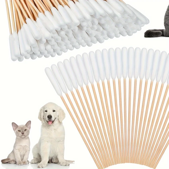 Köpekler İçin 12cm Ahşap Saplı Pamuklu Kulak Temizleme Çubuğu - 100 Adet - 2