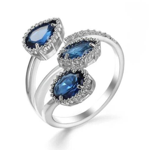 Açık Ayarlanabilir Yüzük - Mavi - London Mavi Topaz, Siyah Oniks, Granat, Beyaz Topaz