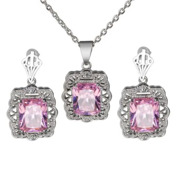Kare Mavi ve Pembe Topaz Taşlı Gümüş Takı Seti - Pembe
