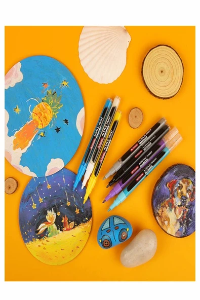 12 Renk Akrilik Markör Keçeli Kalem 1 Adet 12 li Acrylic Paint Marker Taş Cam Metal Seramik Plastik Tuval Ahşap 0.5 cm - 3