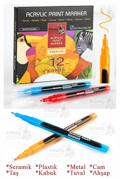 12 Renk Akrilik Markör Keçeli Kalem 1 Adet 12 li Acrylic Paint Marker Taş Cam Metal Seramik Plastik Tuval Ahşap 0.5 cm
