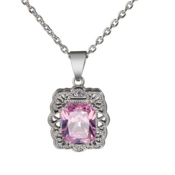 Kare Mavi ve Pembe Topaz Taşlı Gümüş Takı Seti - Pembe - 2