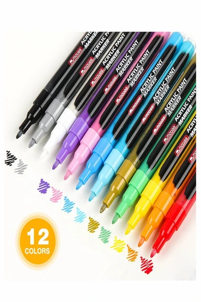 12 Renk Akrilik Markör Keçeli Kalem 1 Adet 12 li Acrylic Paint Marker Taş Cam Metal Seramik Plastik Tuval Ahşap 0.5 cm - 2