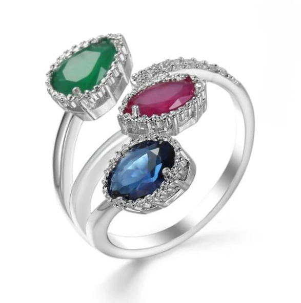Açık Ayarlanabilir Yüzük - Yeşil - London Mavi Topaz, Siyah Oniks, Granat, Beyaz Topaz